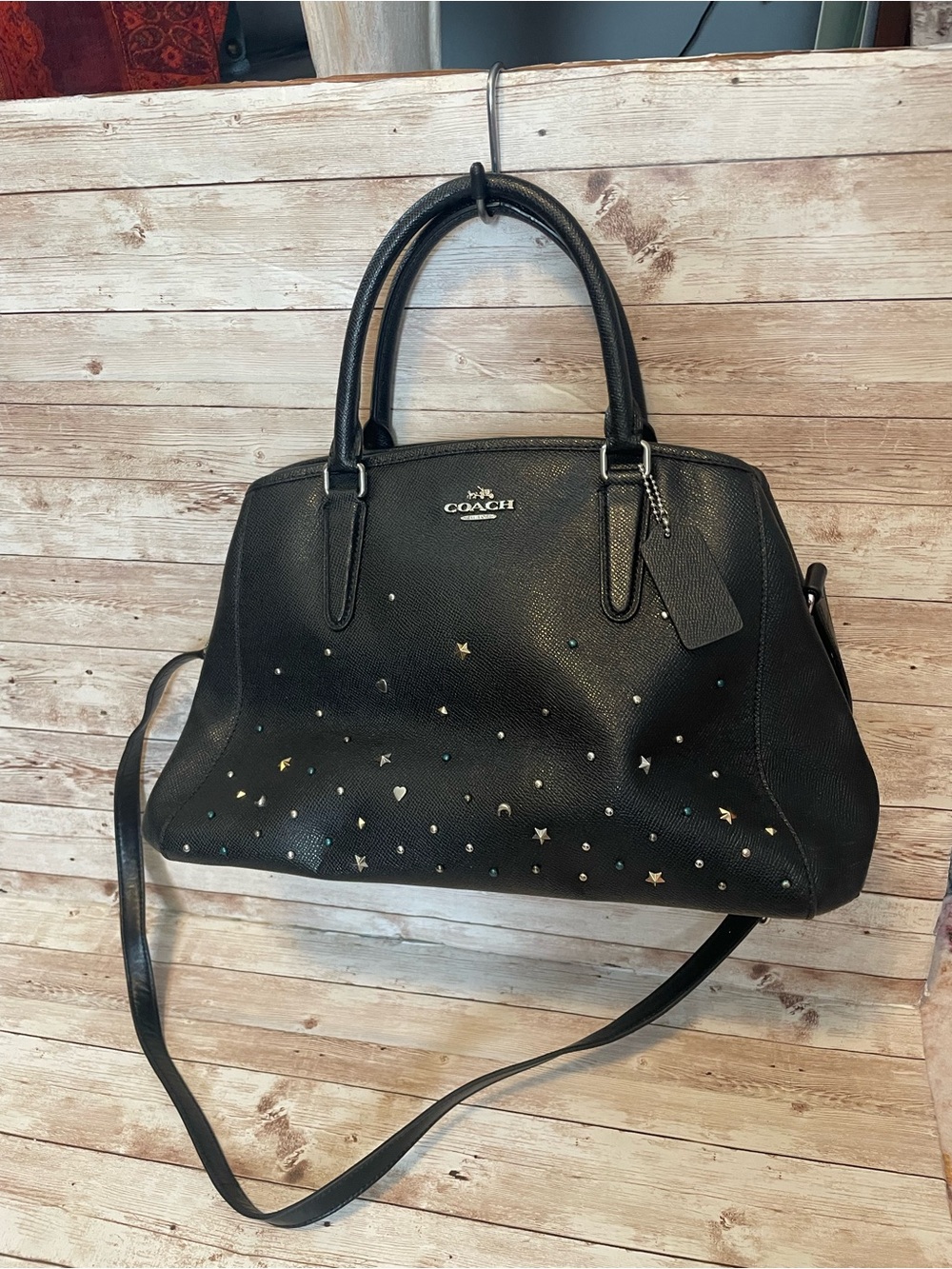 Coach Margot Black Leather Satchel with Gold Star & Stud Details